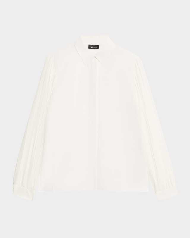 Silk Crepe Pleated-Sleeve Blouse